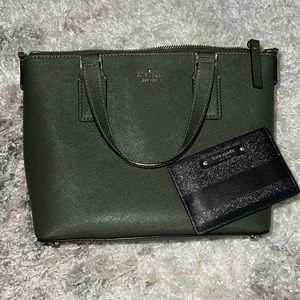 Olive Green small crossbody bag with a used black glitter card holder